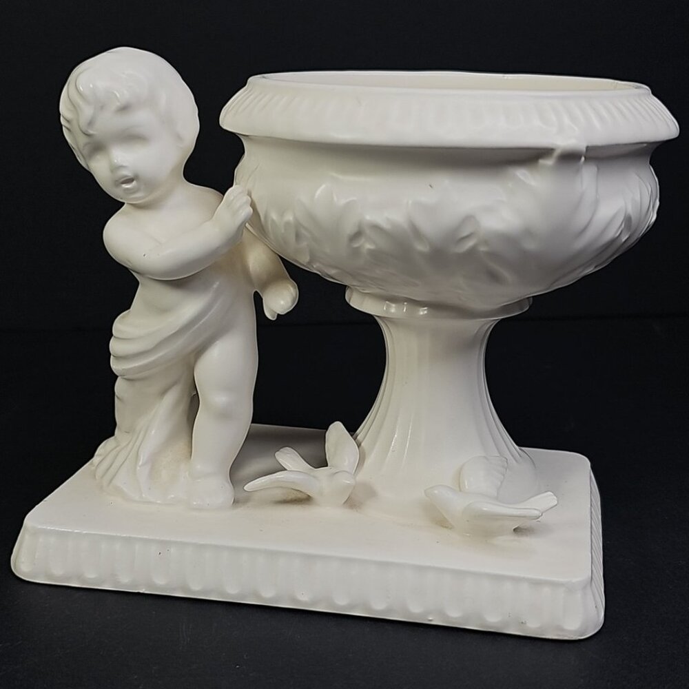Vintage Japanese Cherub Cupid Doves Romantic 5” Ivory Ceramic Vase/Planter Japan